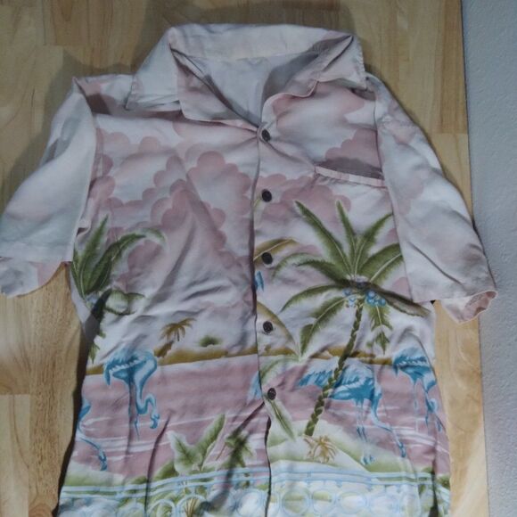 Vintage Blue Flamingoes Palm Trees Hawaiian Shirt - Picture 1 of 7